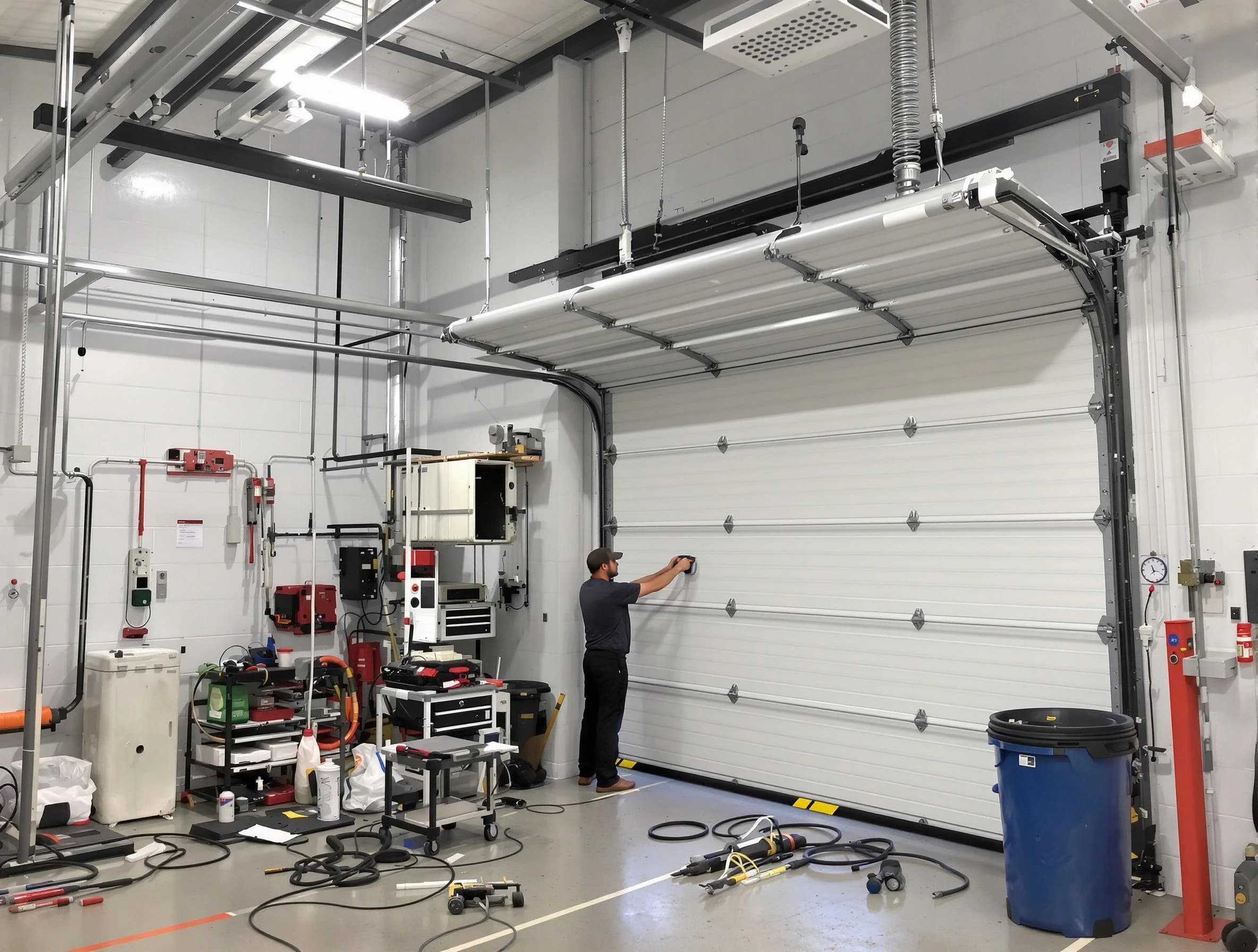 Falmouth Garage Door Repair certified technician performing commercial door repair at a Falmouth business facility