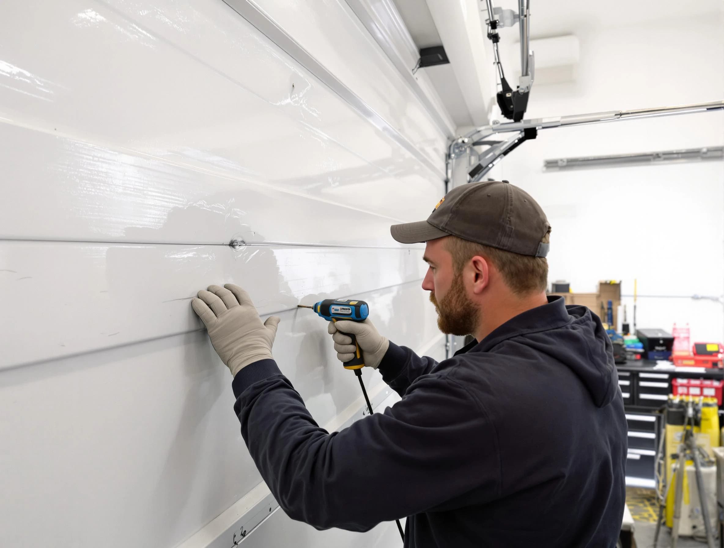 Falmouth Garage Door Repair technician demonstrating precision dent removal techniques on a Falmouth garage door